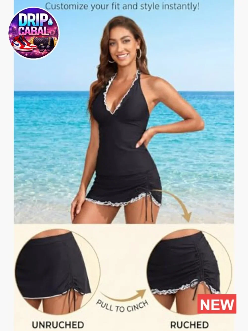 Women's Tankini Swim Dress with Tummy Control - Halter V-Neck Two Piece Skirt